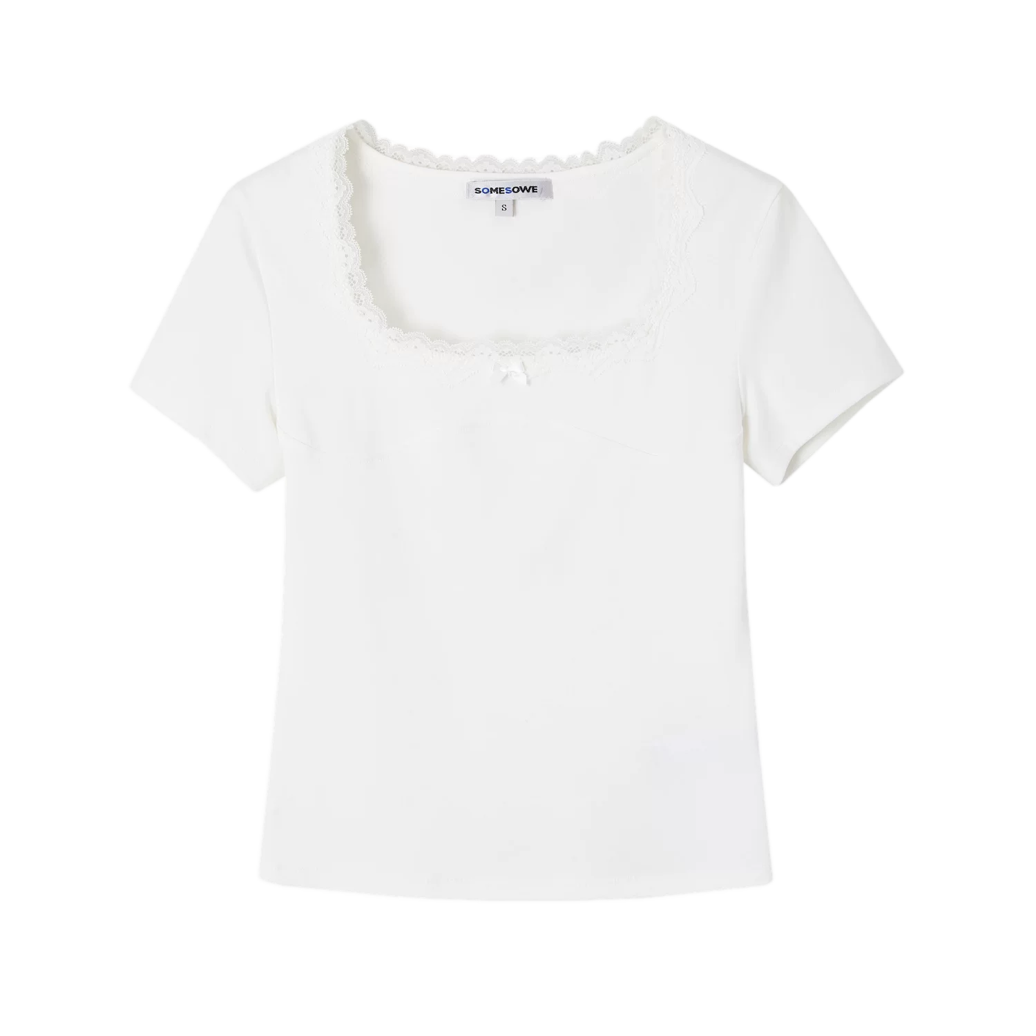 Square Neck Lace-Panel Slim T-shirt
