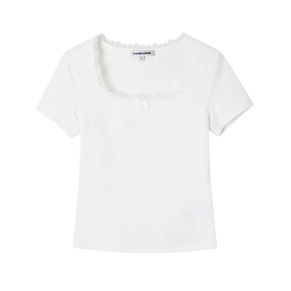Square Neck Lace-Panel Slim T-shirt