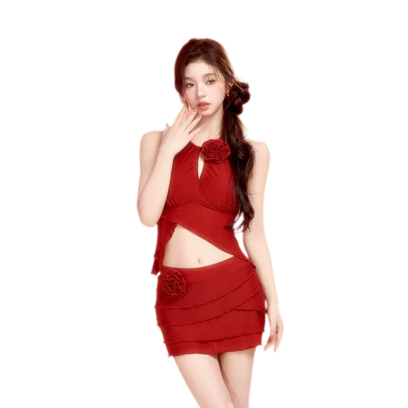 Textured Asymmetric Ruffle Swimdress