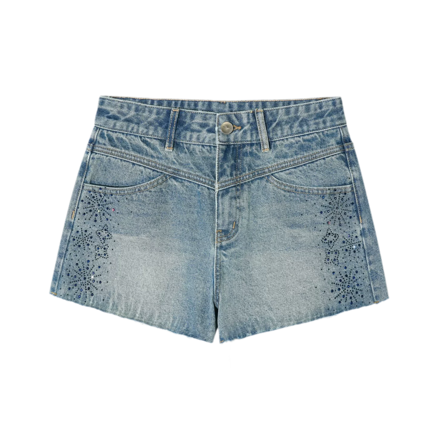 Vintage Washed Blue Rhinestone Denim Shorts