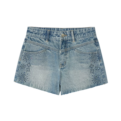 Vintage Washed Blue Rhinestone Denim Shorts