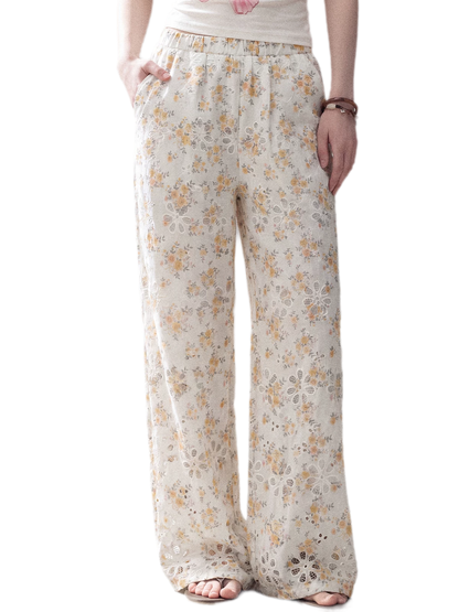 Laser-Cut Floral Wide-Leg Pants