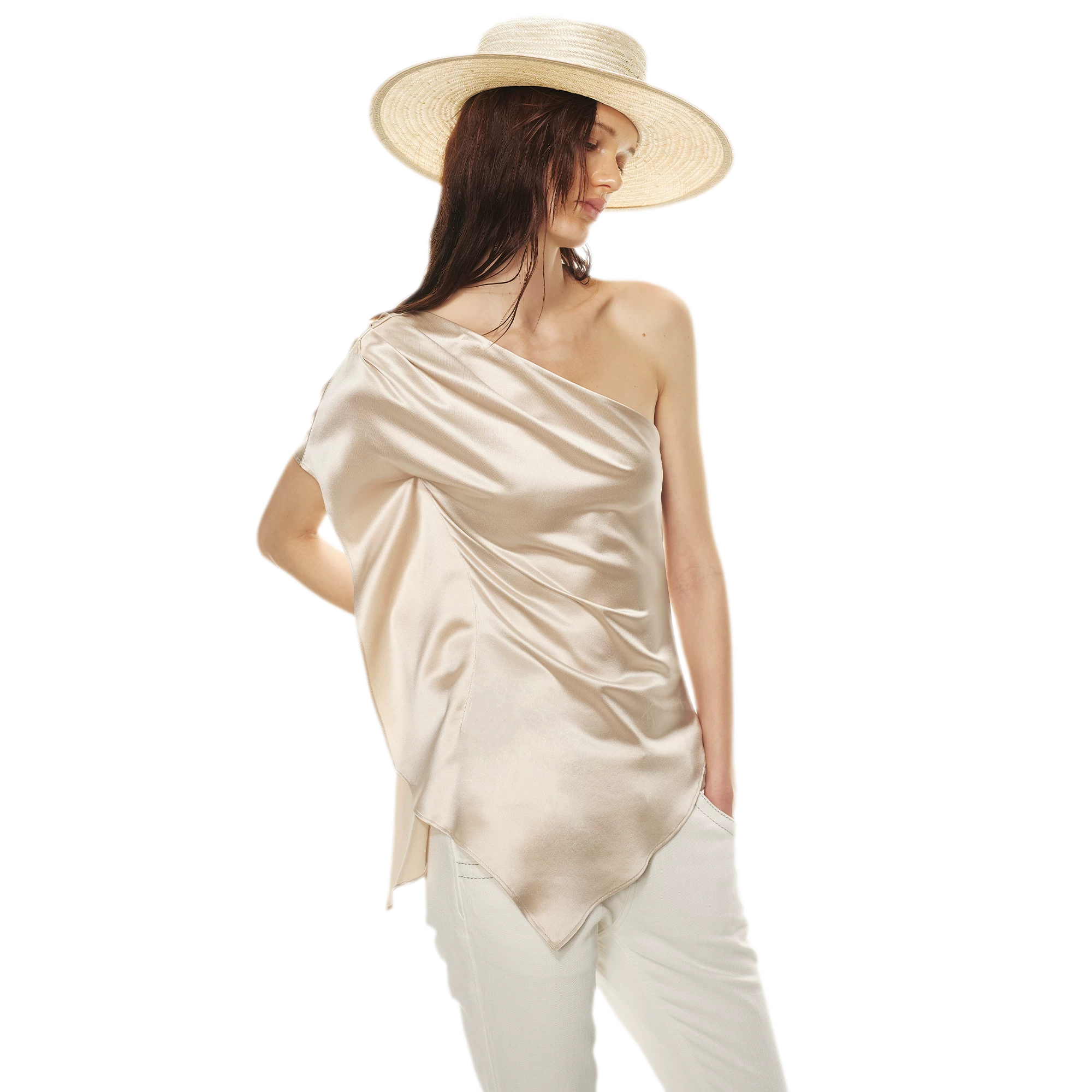 Asymmetric One-Shoulder Waist-Slimming Top in Apricot