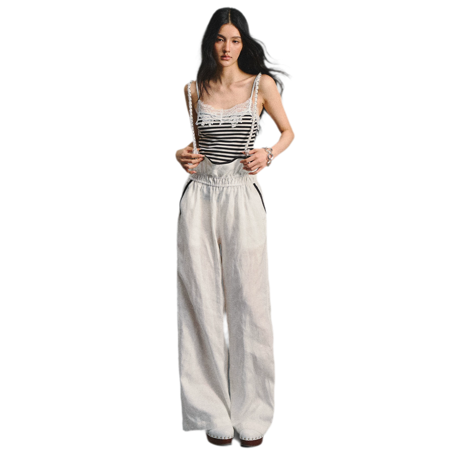 Tencel Linen Contrast Satin Trim Wide-Leg Pants