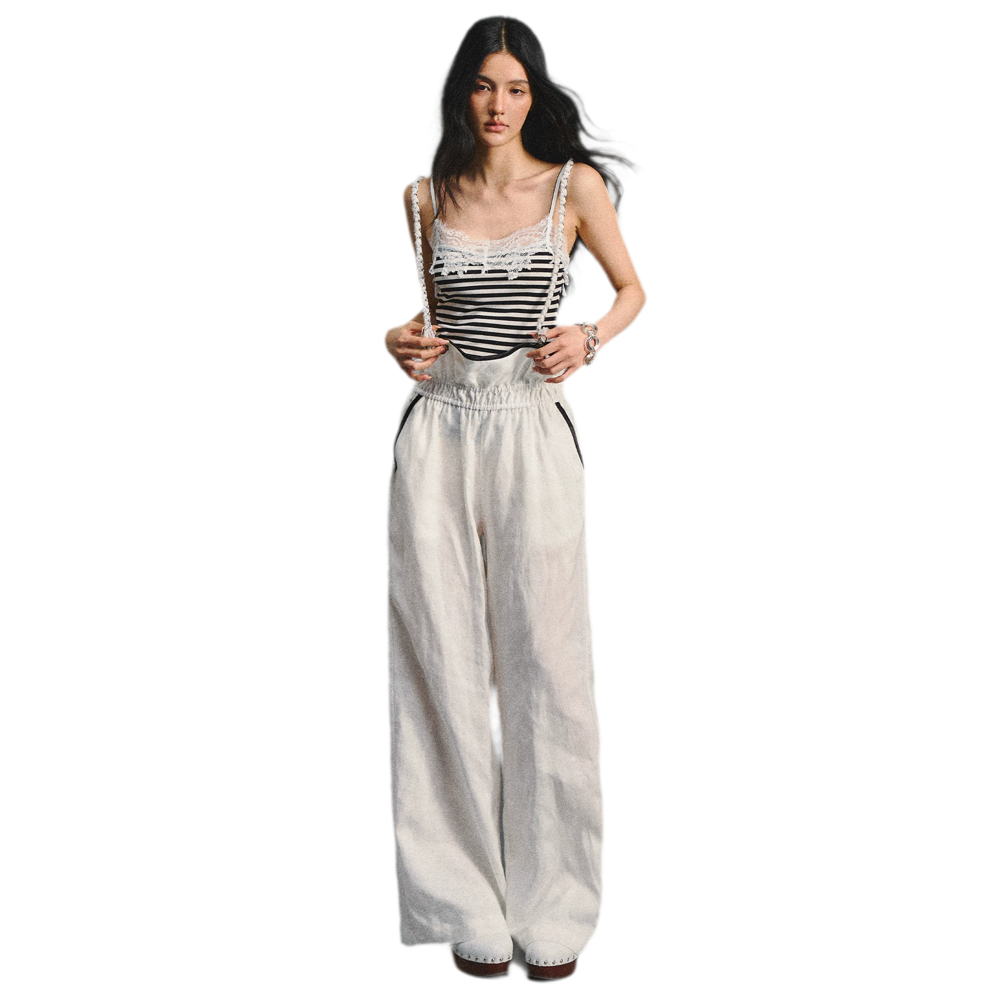 Tencel Linen Contrast Satin Trim Wide-Leg Pants