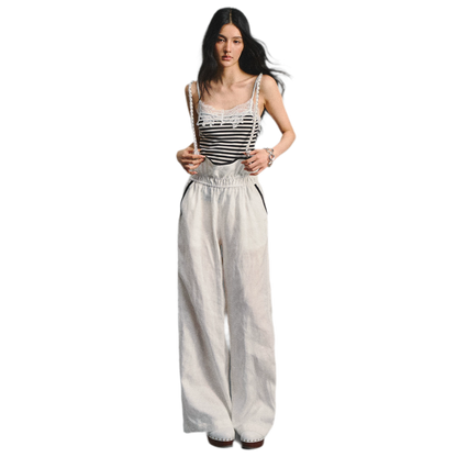 Tencel Linen Contrast Satin Trim Wide-Leg Pants