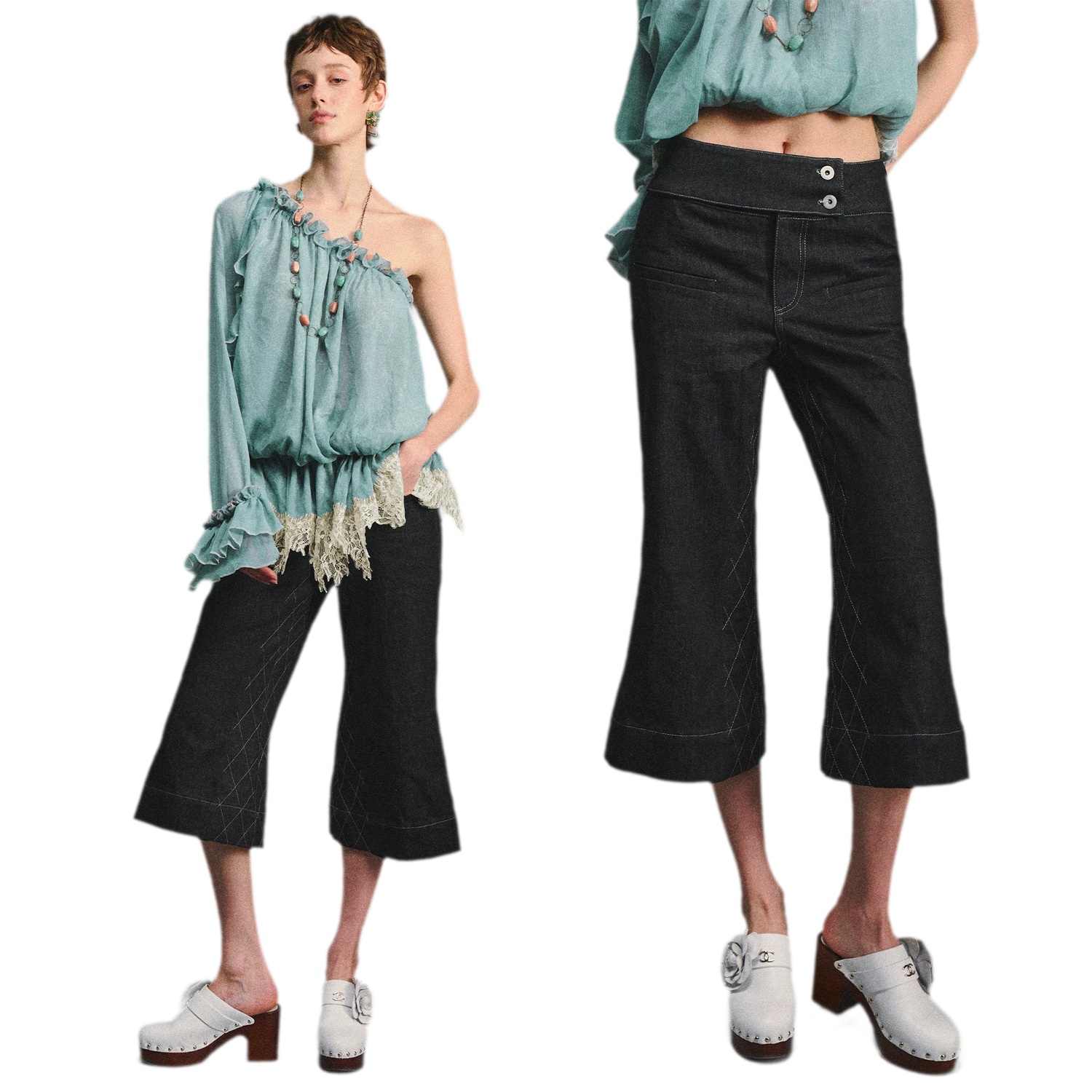 Retro Flare Cropped Jeans with Wide Waistband