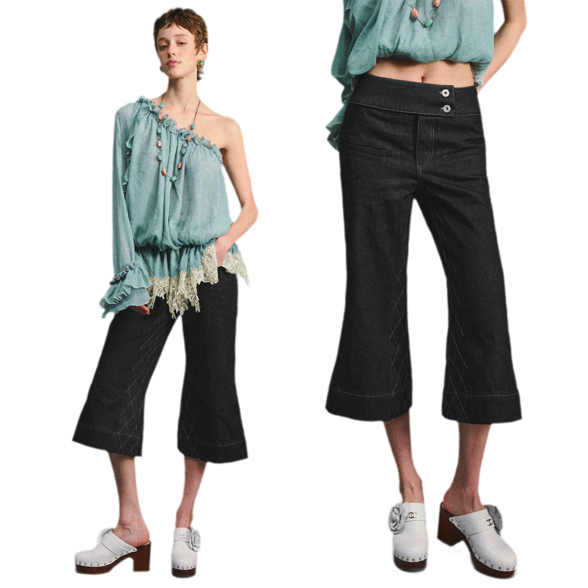 Retro Flare Cropped Jeans with Wide Waistband