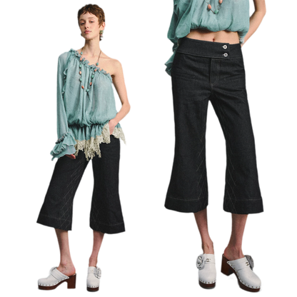 Retro Flare Cropped Jeans with Wide Waistband