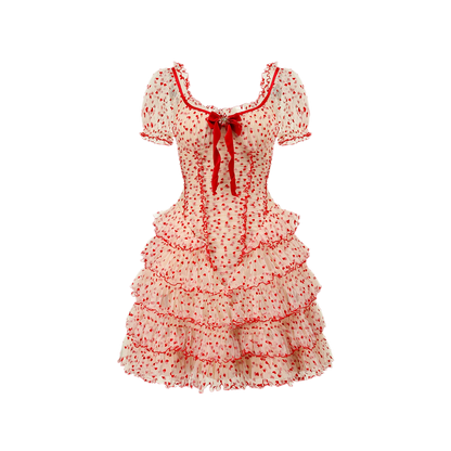 Flocked Bow Ruffle Dress