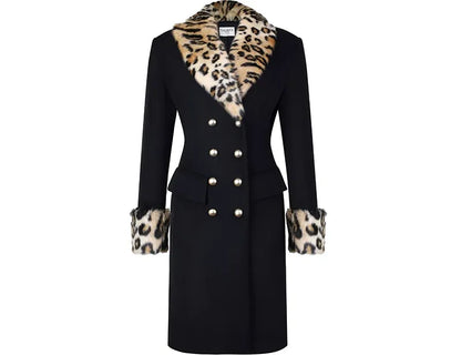 Leopard Trim Wool Coat