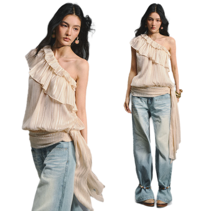 Asymmetric Ruffle Shoulder Top