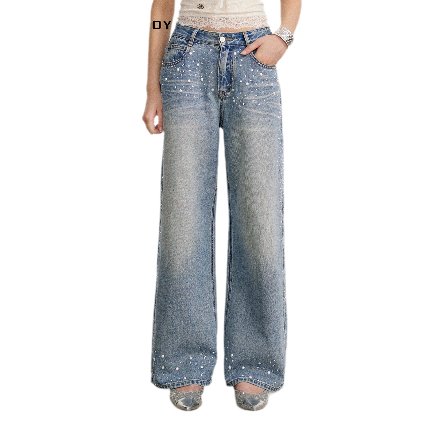 Rhinestone Pearl Wide-Leg Jeans