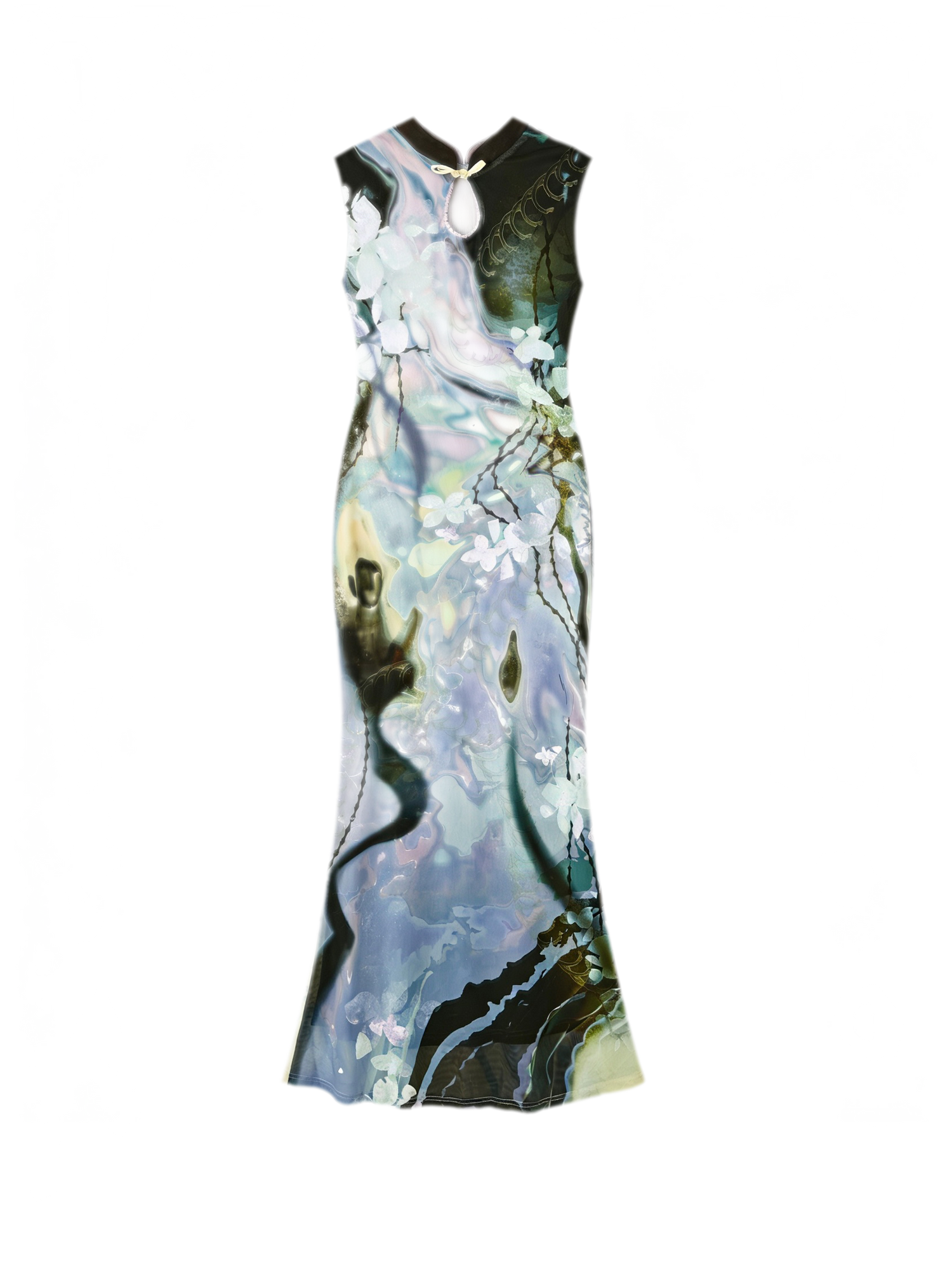 Black Rose Impressionist Print High-Waist Mermaid Dress