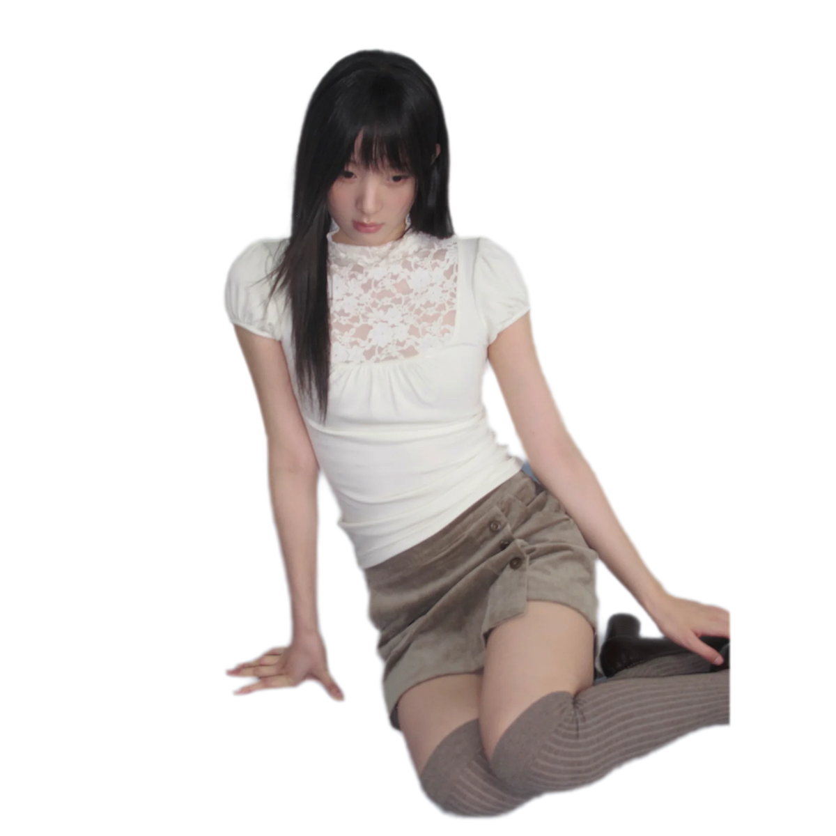 Lace Yoke Ruched Fitted Top