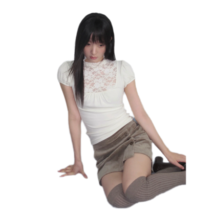 Lace Yoke Ruched Fitted Top
