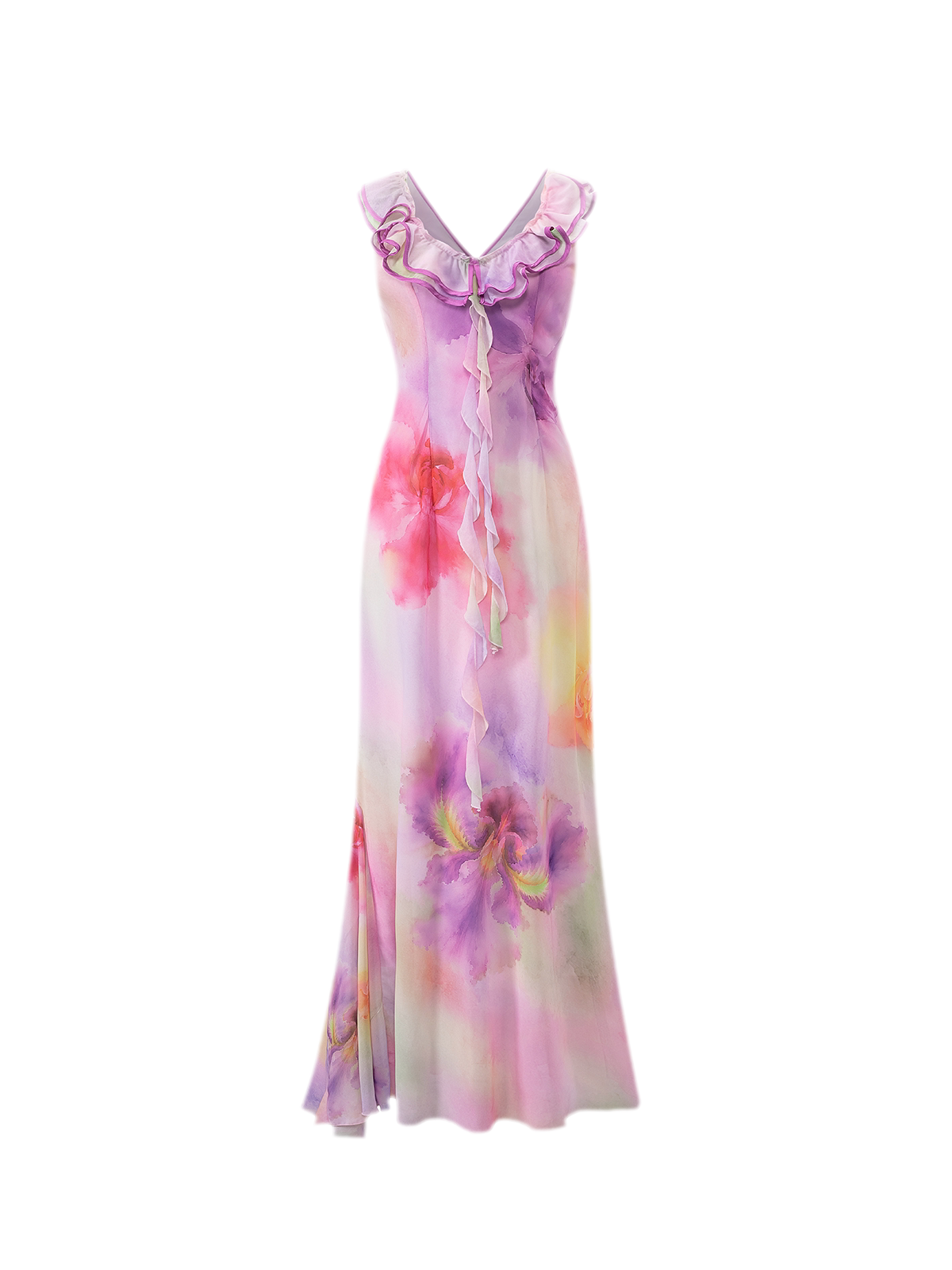 Watercolor Ruffle V-Neck Dress