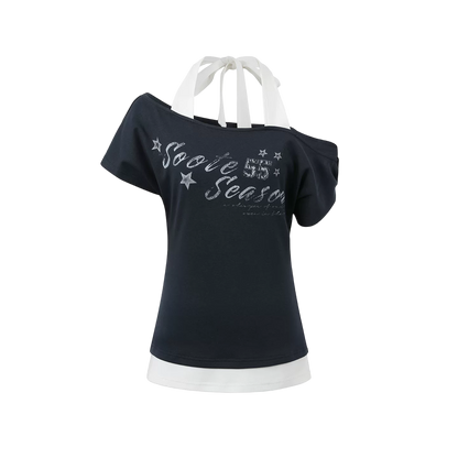 Vintage American Style Printed Off-Shoulder Cropped T-shirt