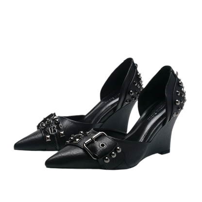 Studded Pointed-Toe Wedge Heels