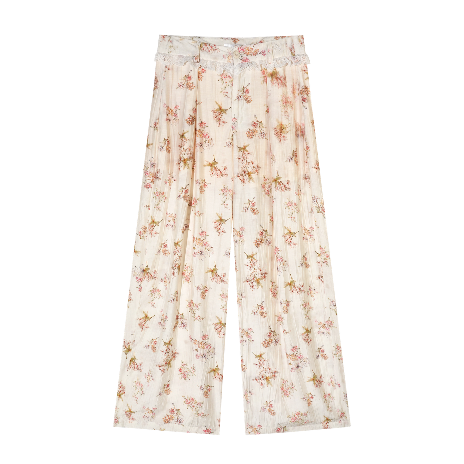 Lightweight Printed Wide-Leg Pants with Lace Waistband