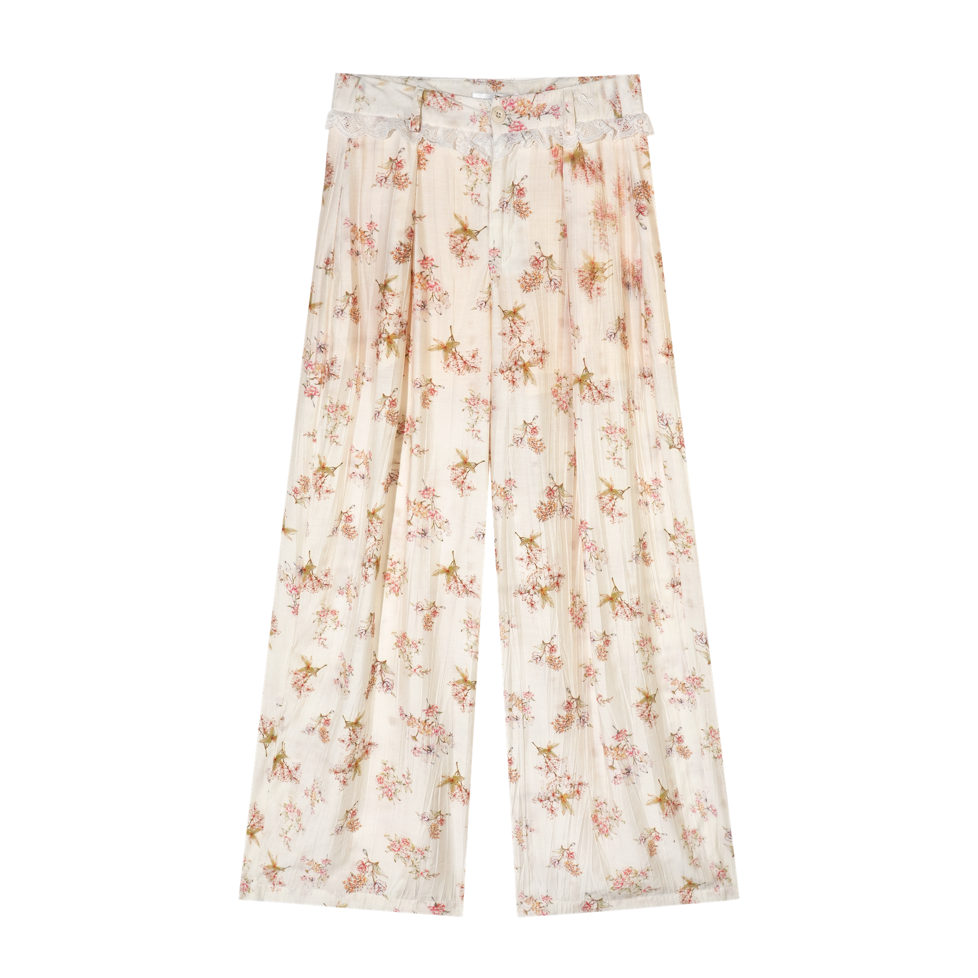 Lightweight Printed Wide-Leg Pants with Lace Waistband