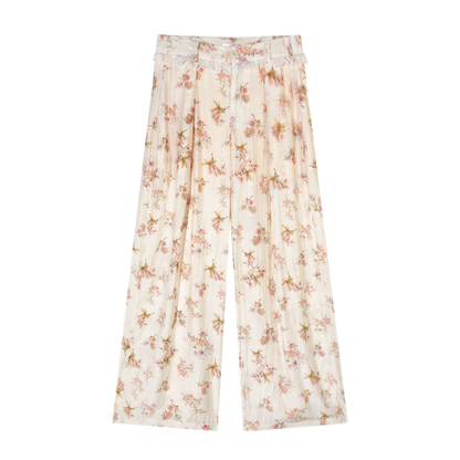 Lightweight Printed Wide-Leg Pants with Lace Waistband