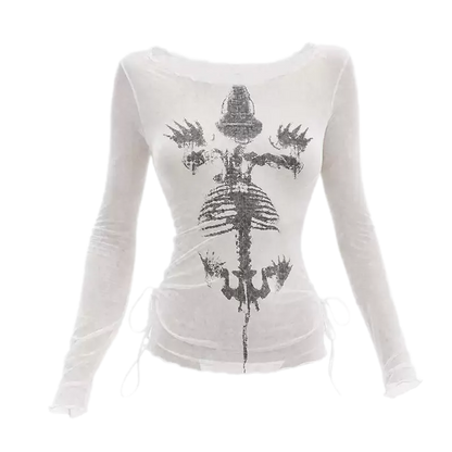 Sheer Asymmetric Skeleton Print Top