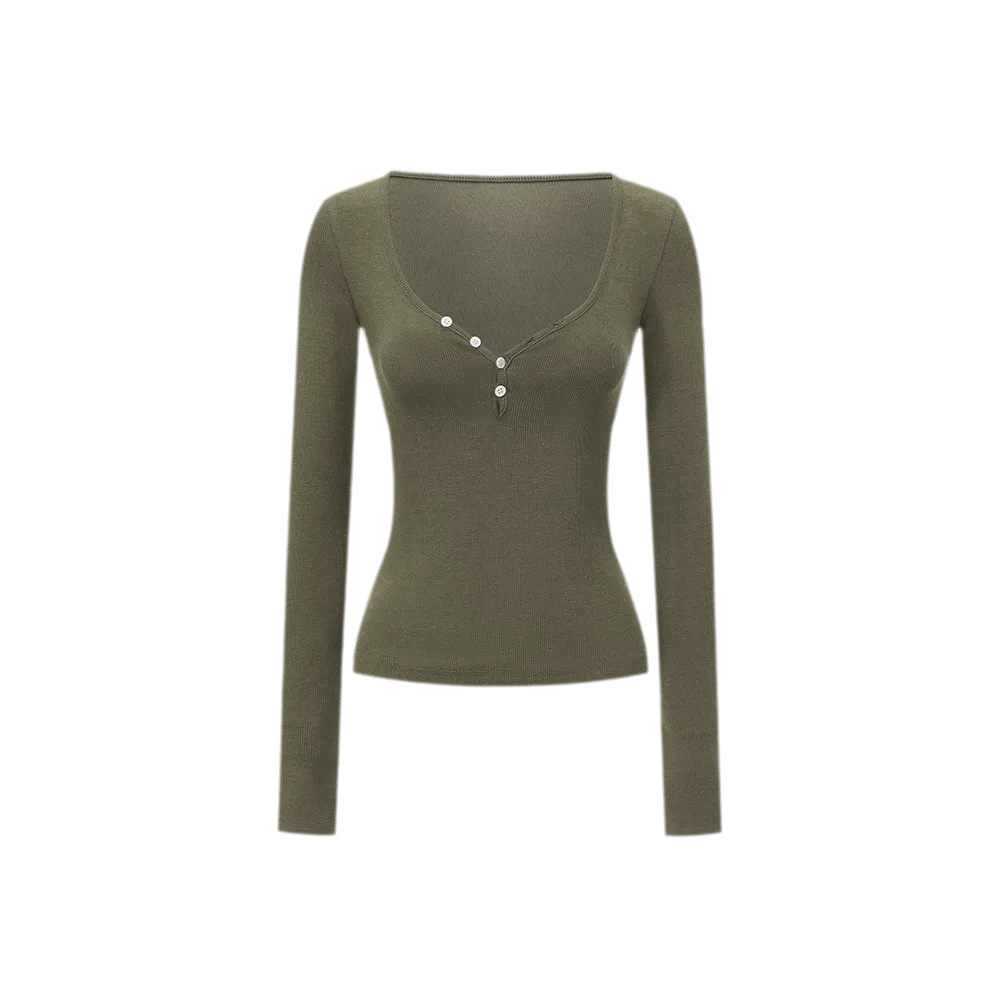 Ribbed V-Neck Button Top