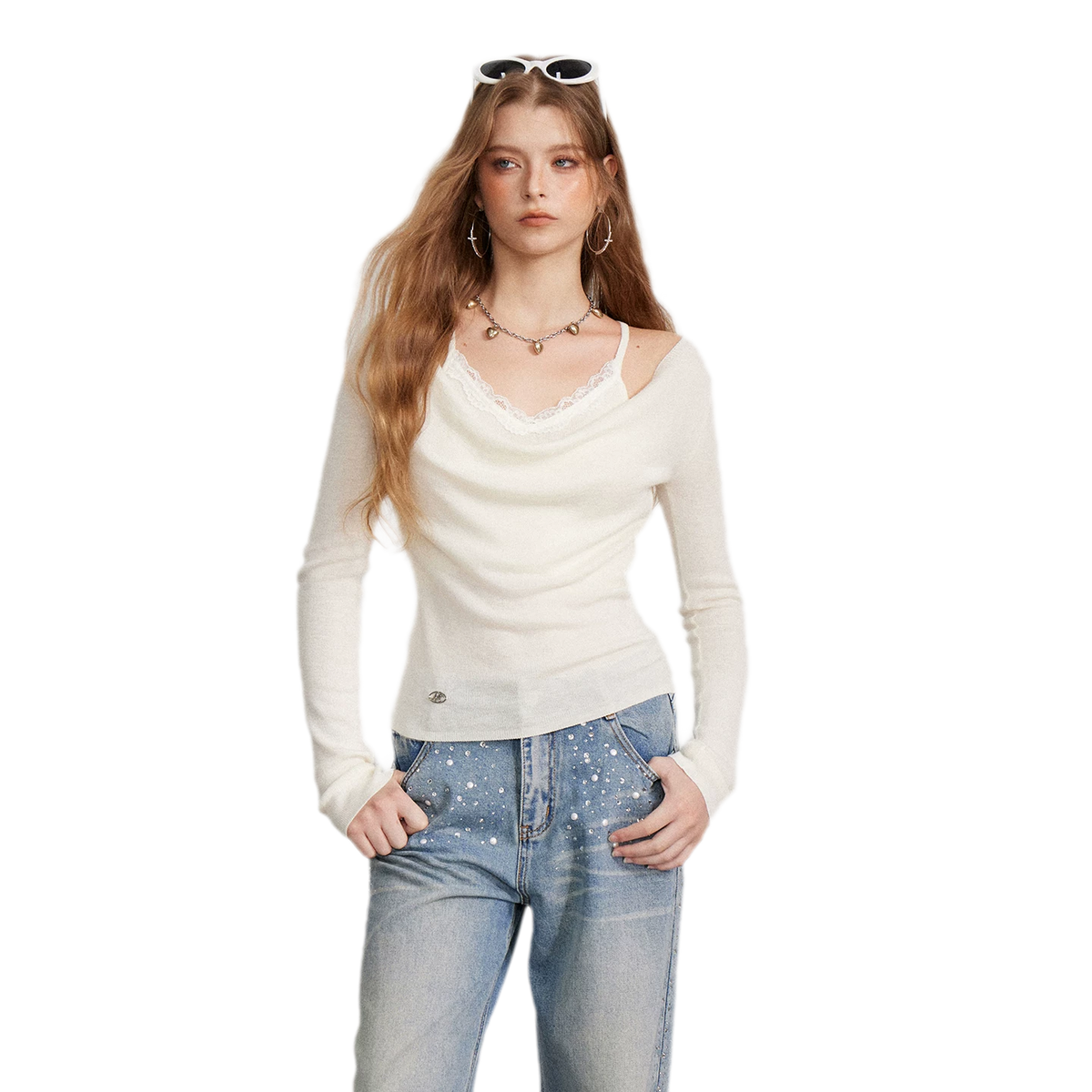 Draped Lace Trim Knit Top