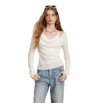Draped Lace Trim Knit Top