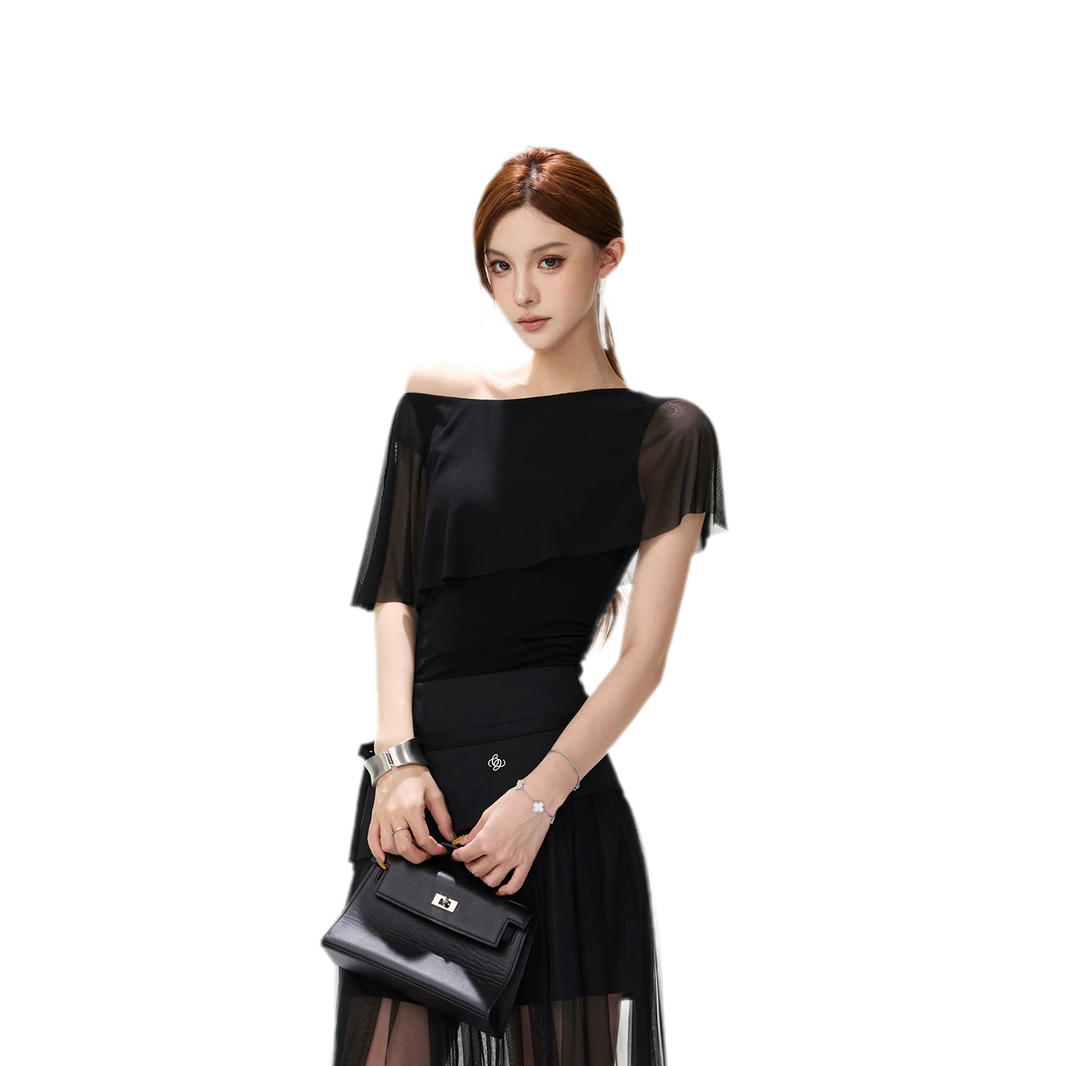Sheer Ruffle One-Shoulder Top