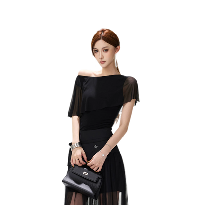 Sheer Ruffle One-Shoulder Top