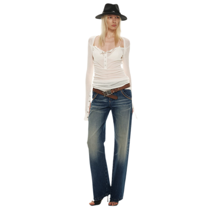 Classic Vintage Washed Distressed Wide-Leg Jeans