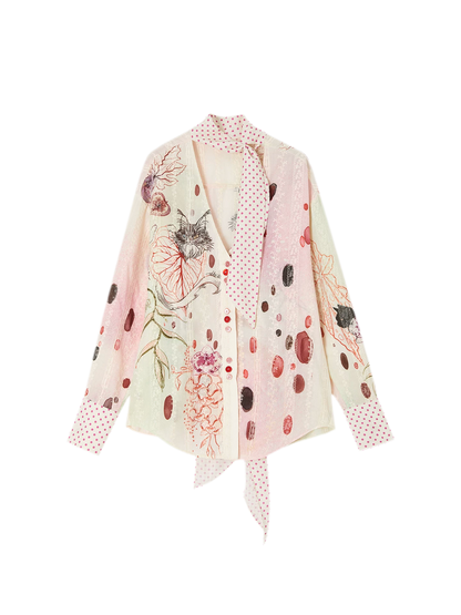 Horus Hand-Painted Watercolor Cat Print Shirt with Polka