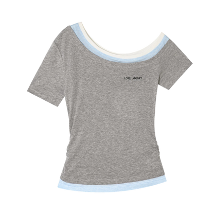 Asymmetric Off-Shoulder Colorblock Slim T-Shirt