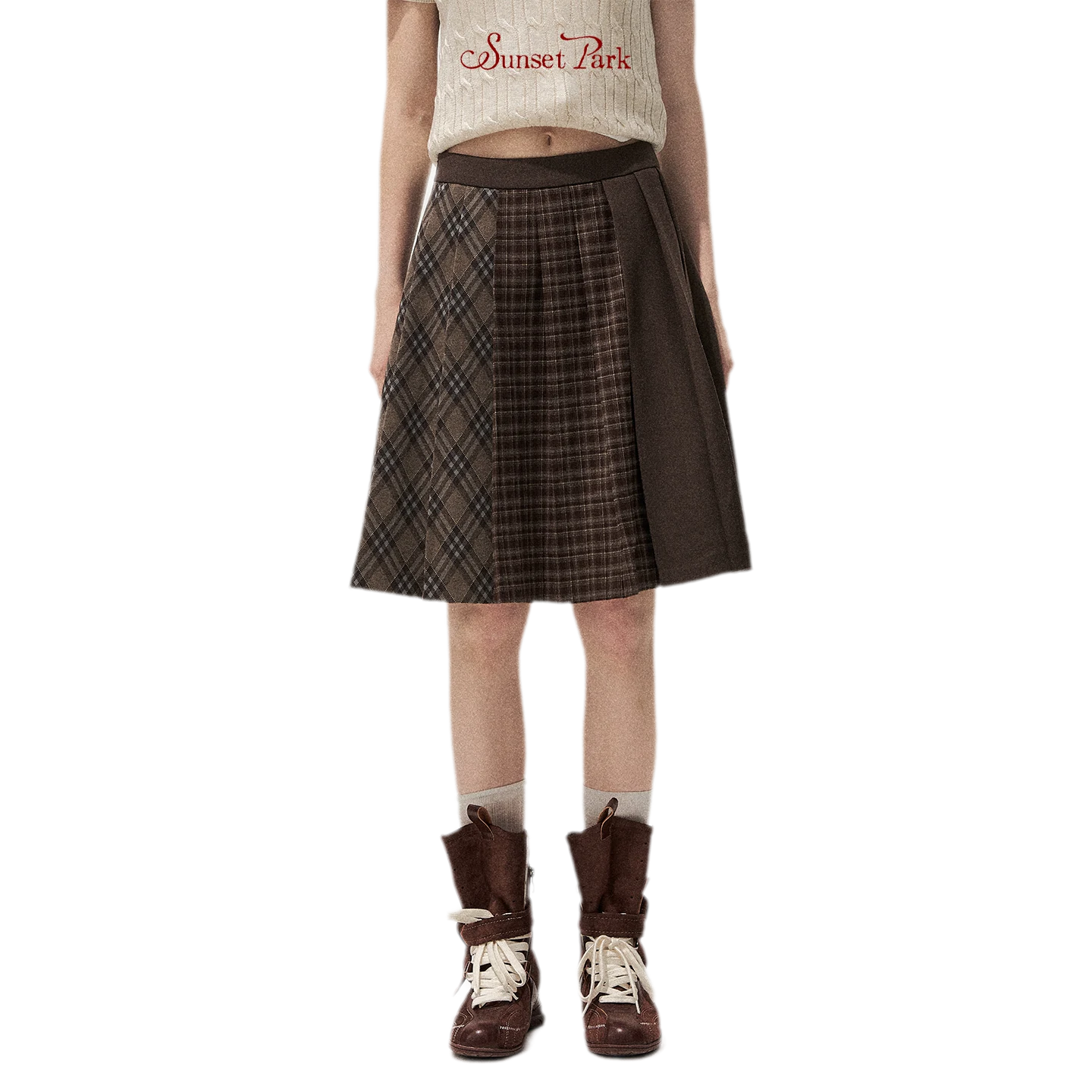Patchwork Plaid Pleated A-Line Skirt
