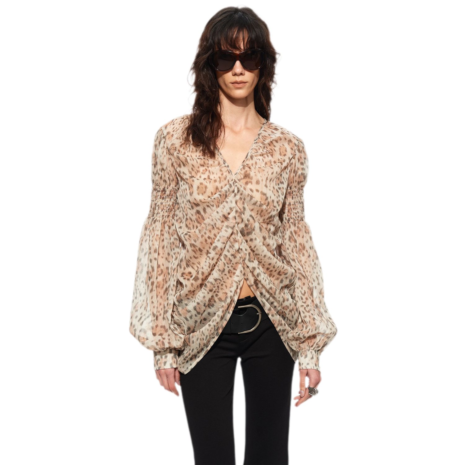 Pleated Bubble Sleeve Chiffon Blouse