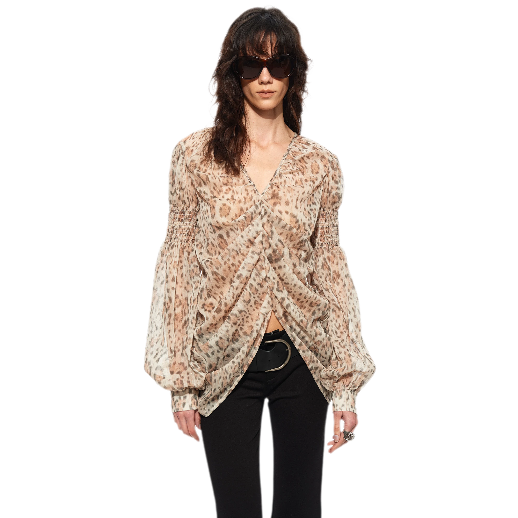 Pleated Bubble Sleeve Chiffon Blouse