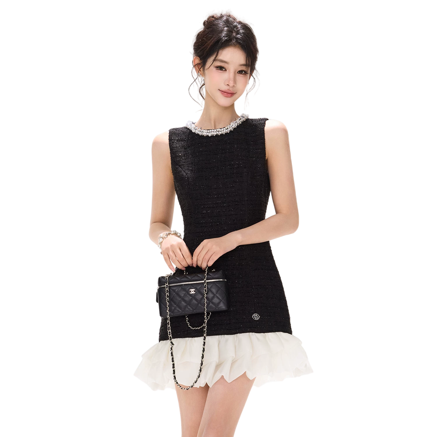 Diamond Neckline Ruffled Sleeveless Waist-Cinching Dress