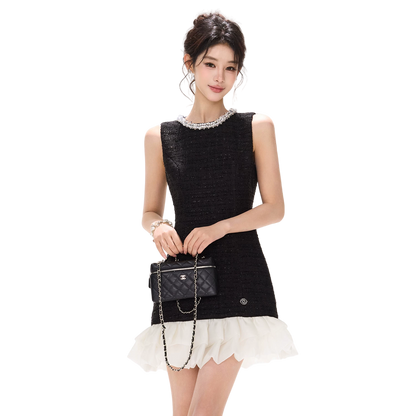 Diamond Neckline Ruffled Sleeveless Waist-Cinching Dress