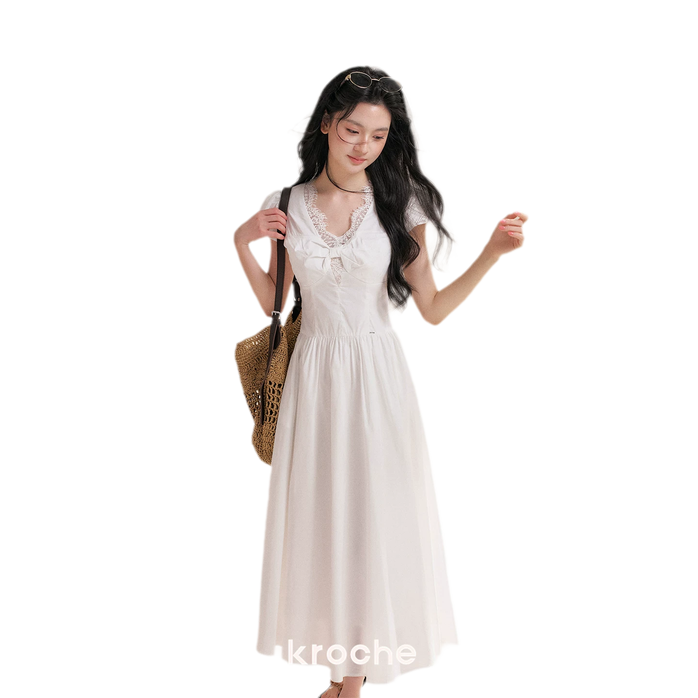 Knot Design French Lace Puff Sleeve A-Line Dress