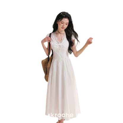 Knot Design French Lace Puff Sleeve A-Line Dress
