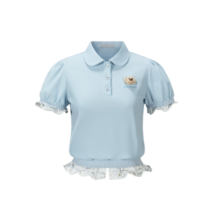 Gathered Puff Sleeve Polo T-shirt