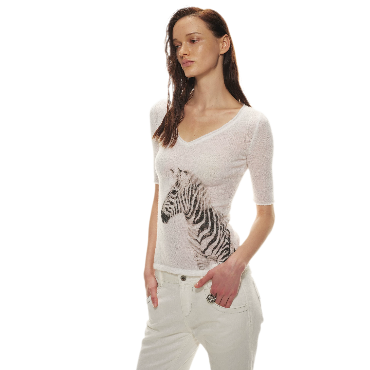 Stylish Zebra Print V-Neck Mohair Wool Blend Sweater