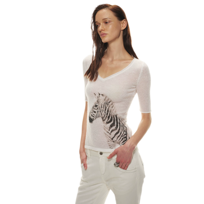 Stylish Zebra Print V-Neck Mohair Wool Blend Sweater