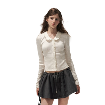 Textured Lace Collar Long-Sleeve Top