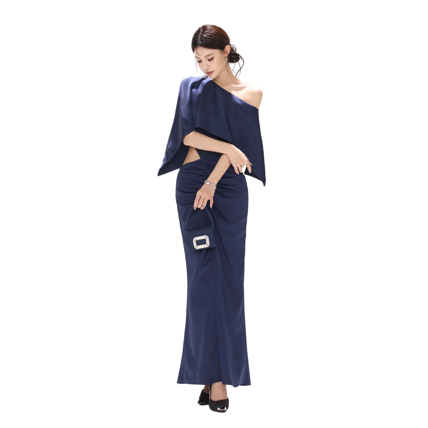 Night Banquet Muse Indigo Asymmetric Off-Shoulder Long Dress