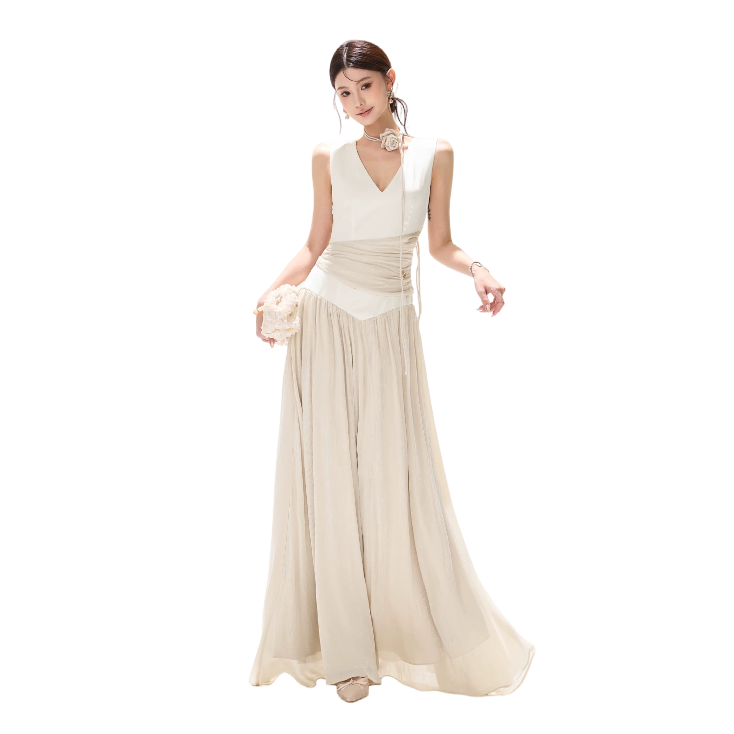 cynr French Style Pleated Satin V-Neck Long Dress – CHINASQUAD