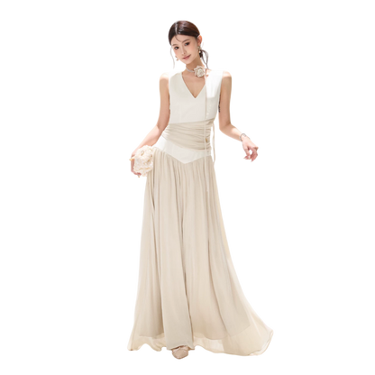 French Style Colorblock Pleated Satin V-Neck Dress