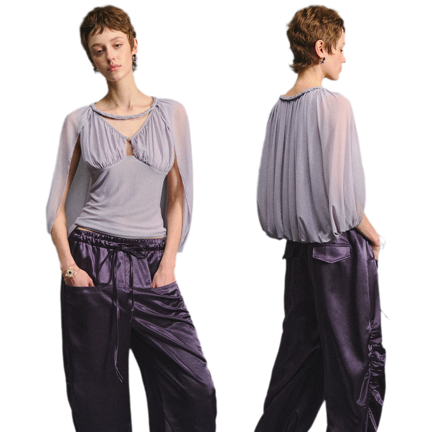 Ruched Mesh V-Neck Top